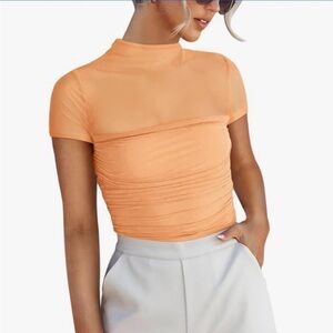 ReoRia Orange Ruched Fitted Bodysuit Short Sleeve
